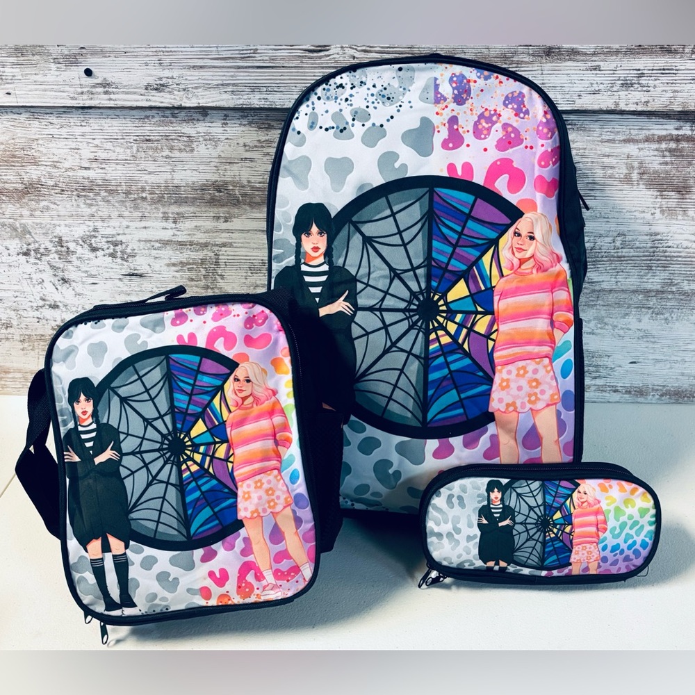 3-Piece Wednesday Addams Backpack Set – Backpack, Lunch Bag & Pencil Case